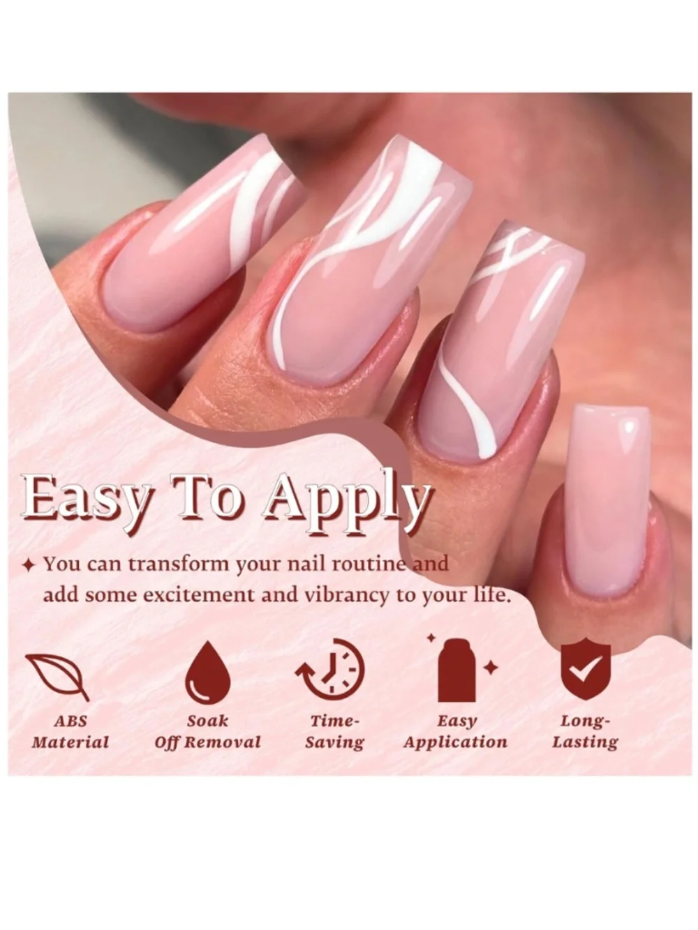 Pink & White Swirl Medium Square Press On Nails